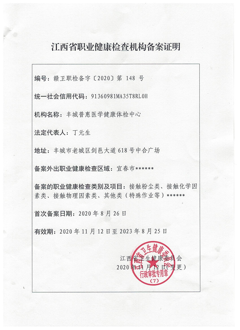 江西省職業(yè)健康檢查機(jī)構(gòu)備案證明